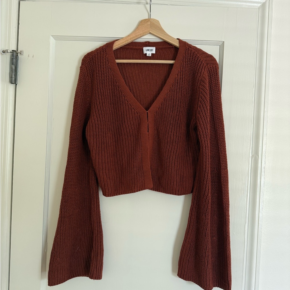 Cropped V-Neck Knit Cardigan Sweater - Rust